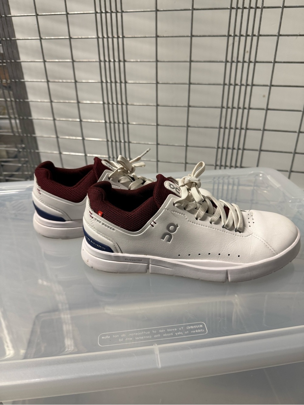 On Running Kids White Sneakers with Burgundy Collar and Blue Accent